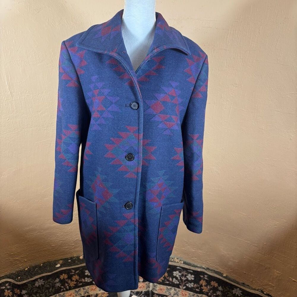 Vintage Country Sophisticates by Pendleton Blue Geometric Aztec Wool Coat – Port - Picture 2 of 7